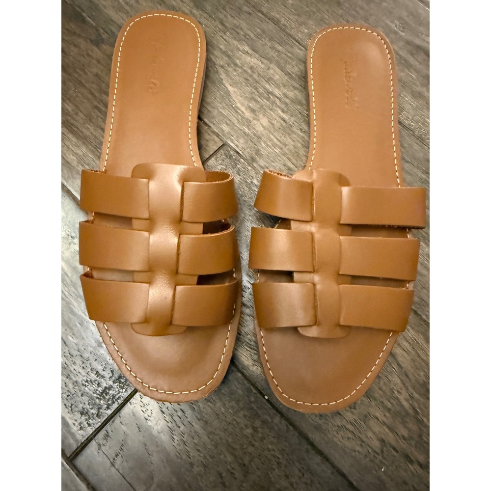 Madewell The Boardwalk H-Strap Slide Sandals Womens 9.5 Brown Leather Woven Flat